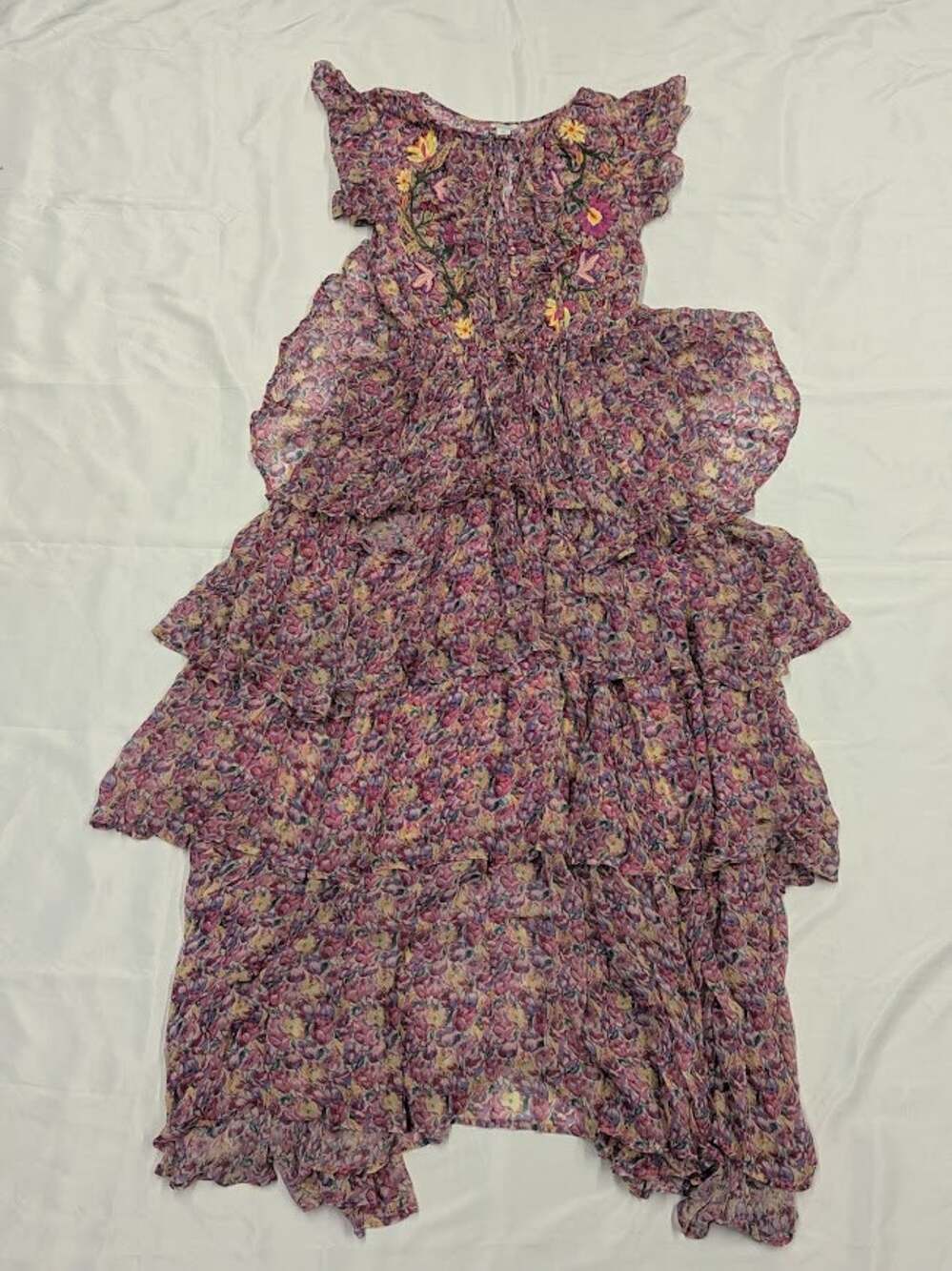 Sundance Dress XS Embroidery Floral Ruffle Coastal Bohemian Flowy Full Length